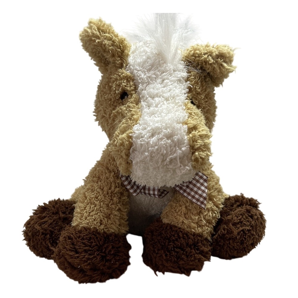 Horse Plush Stuffed Animal Brown‎ Gingham Bow White Mane Pony Toy Cute Decor